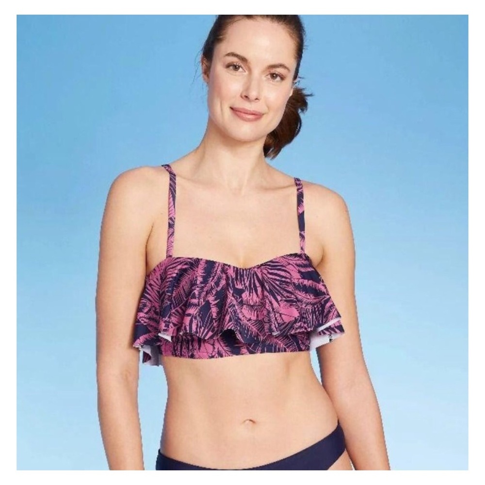KONA SOL Pink Blue Flounce Bandeau Bikini Top NWT